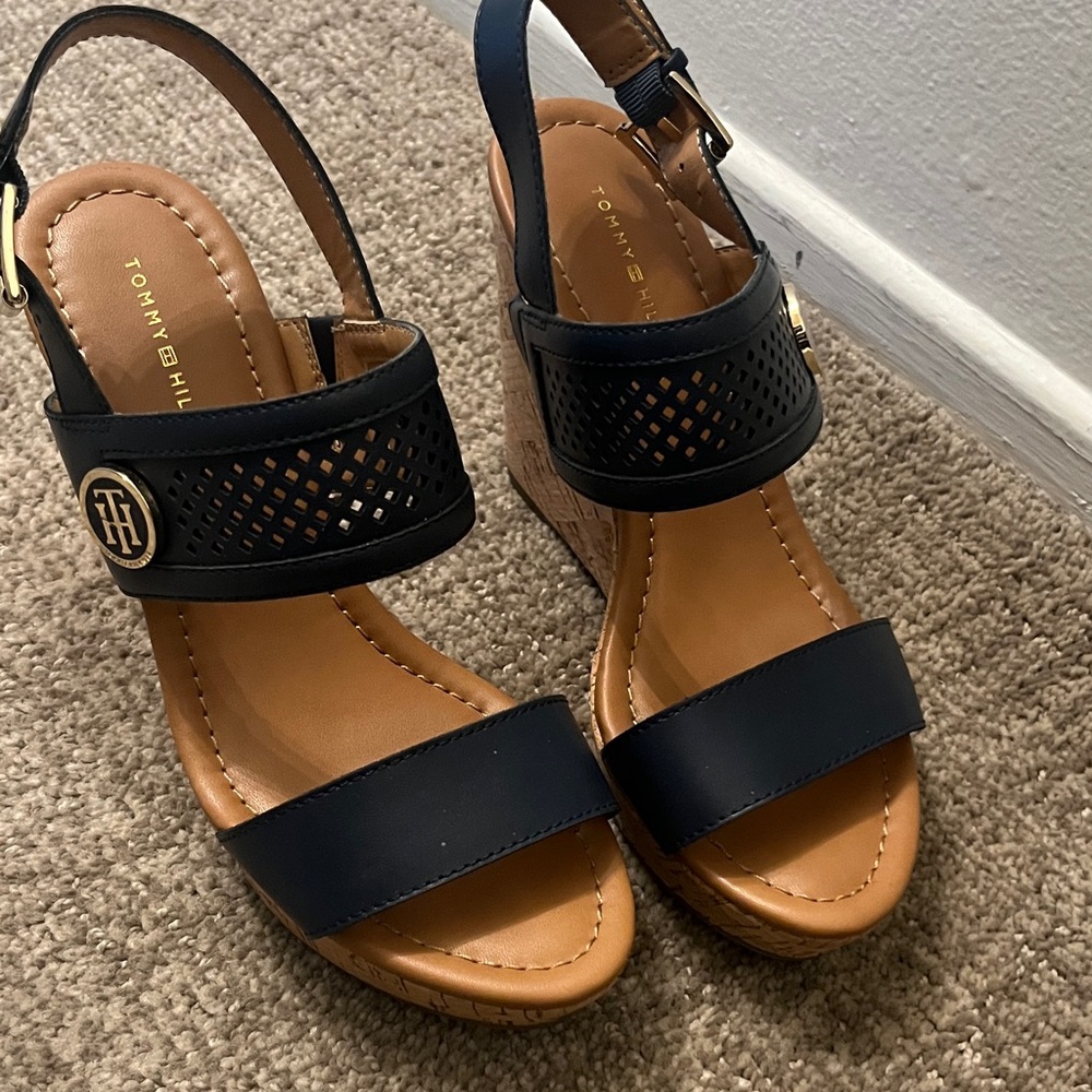 Tommy Hilfiger Navy and Tan Wedge Sandals